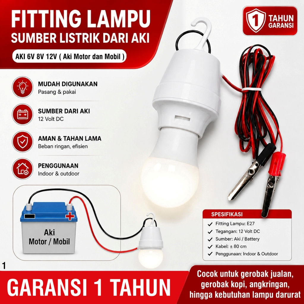 Fitting Lampu Aki Jepit E27 6V 8V 12V Motor Mobil Gerobak Angkringan Camping Emergency