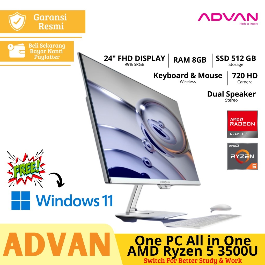 Advan OnePC AIO All-in-One Desktop 24" inch AMD Ryzen 5 3500U FHD 8GB/512GB 99% SRGB