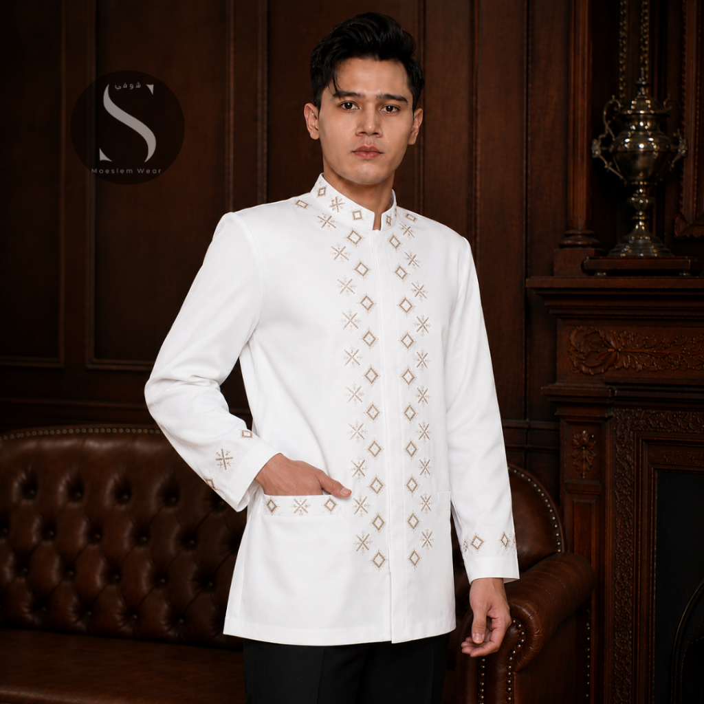 Baju Jas Koko Muslim Pria Bordir Katun Premium Putih Tulang Lengan Panjang Full Puring Elegan