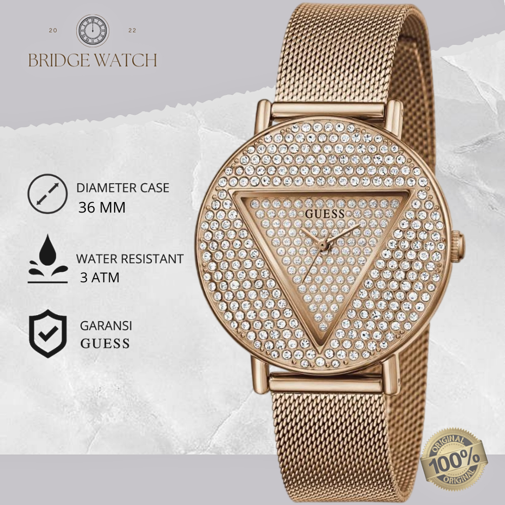 Jam Tangan Guess Wanita GW0477L3 Iconic Glitz Dial Rosegold Stainless Steel Strap Rantai Mewah Elega