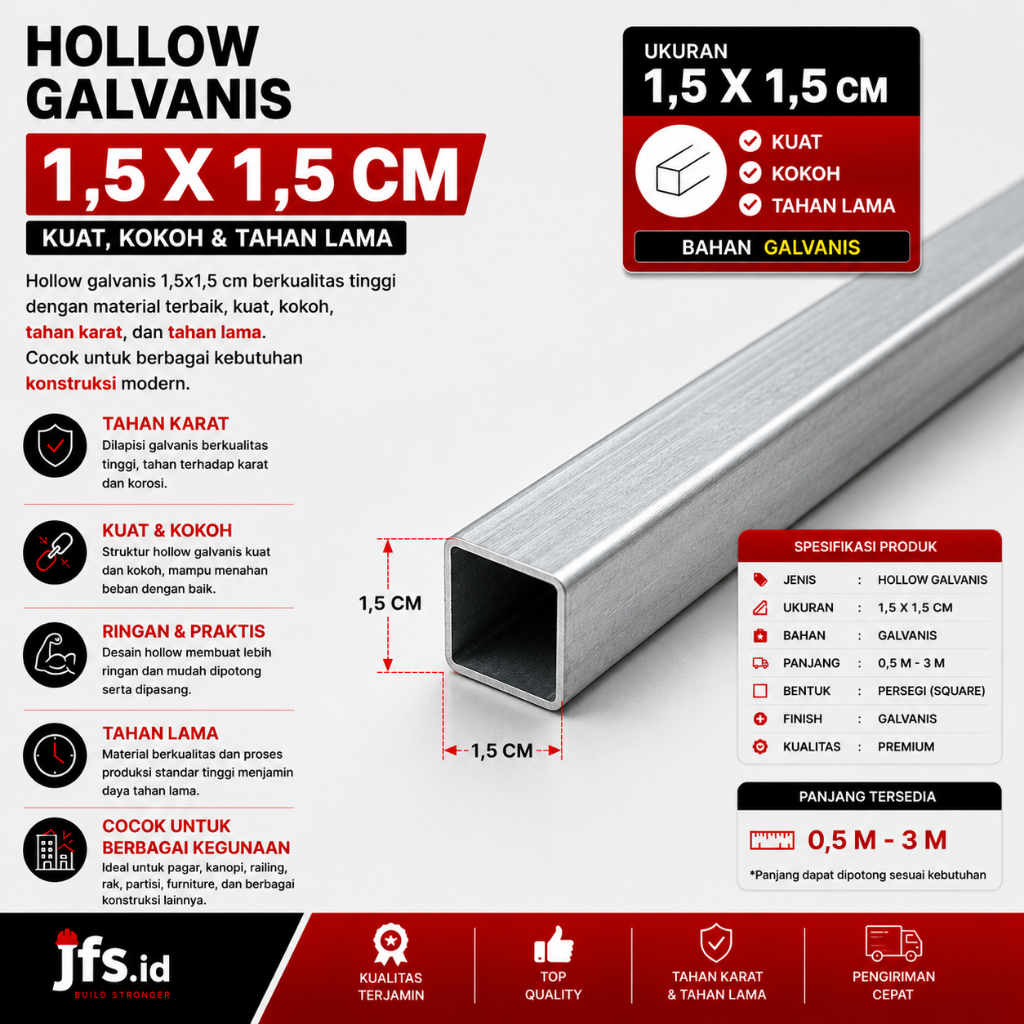 Besi Hollow Galvanis 1,5x1,5 cm | Hollow 150x150 mm Ketebalan 1,2 mm