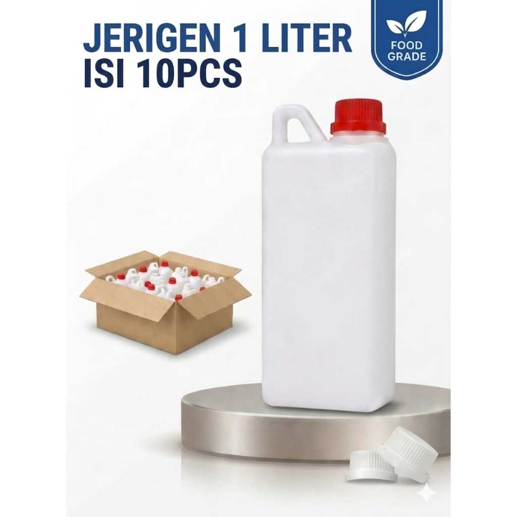 BOTOL JERIGEN 1 LITER SEGEL KECIL NATURAL HDPE Tutup Segel kecil isi 10 pcs + packing kardus - anti 