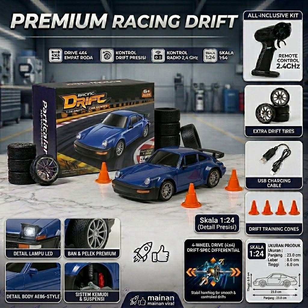 Mobil RC Drift 4WD Skala 1:24 2.4GHz Racing Drift Car Mainan Mobil Remot Kontrol Balap 4 Roda Ban Se