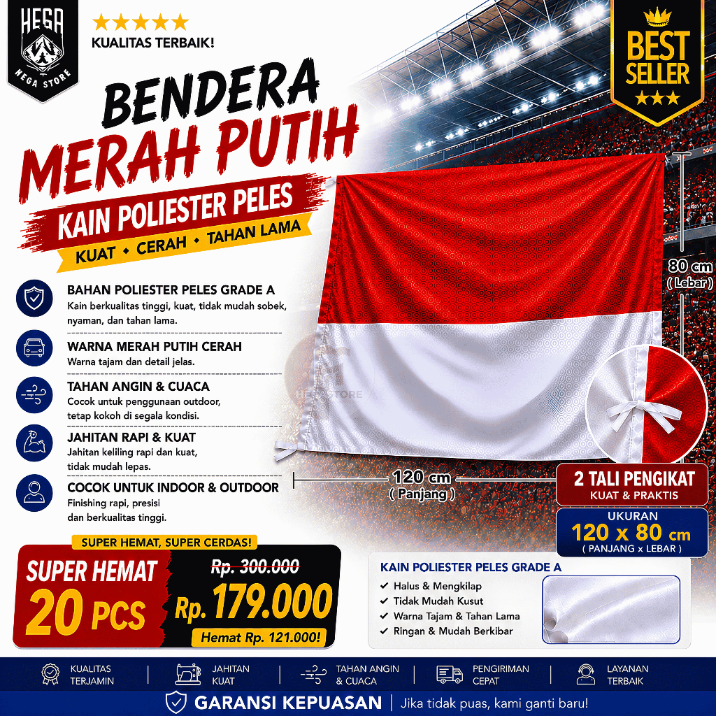 (20pcs) Bendera Merah Putih 120×80 cm – Kain Satin Peles Tebal, Tali Pengikat – untuk Tiang Rumah & 
