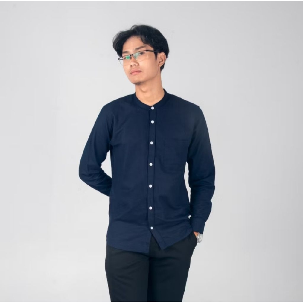 kemeja koko pria lengan panjang linen premium basic kerah shanghai collarless casual formal