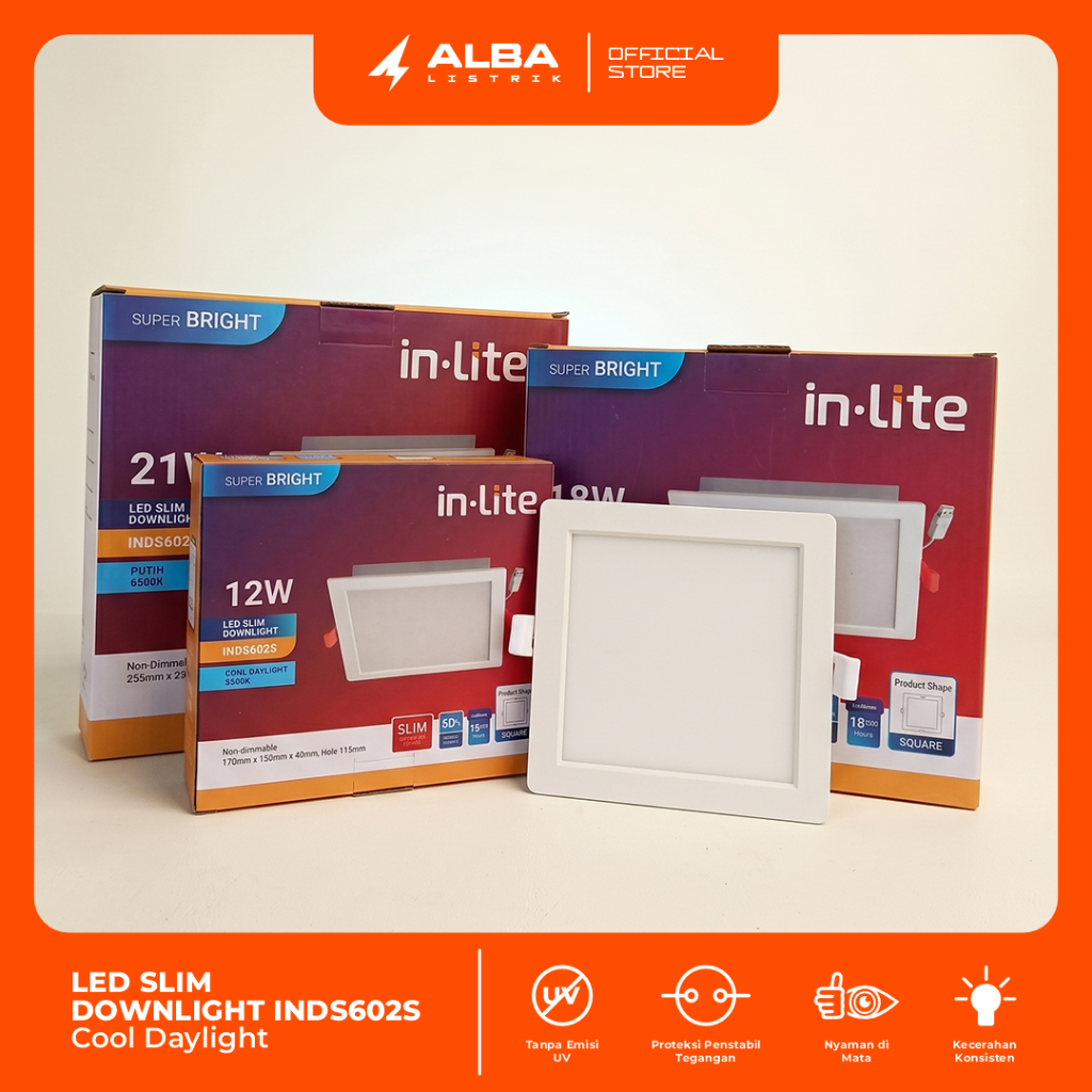 Lampu Downlight LED In-Lite Slim Downlight INDS602S Kotak | Lampu Plafon Downlight | 12 - 21 Watt - 