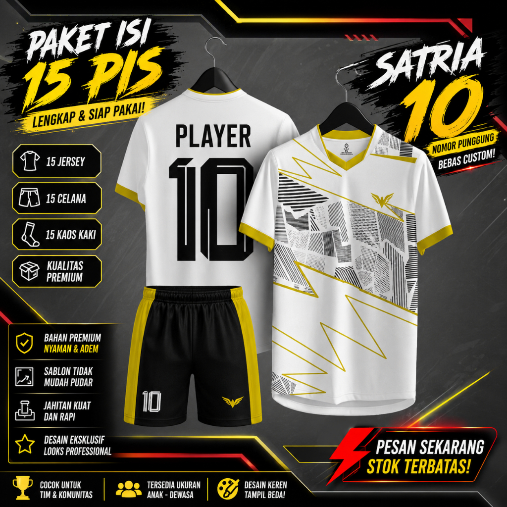 PAKET ISI (15 PCS) JERSEY FUTSAL, BOLA, VOLY CUSTOM NAMA+NOMOR PUNGGUNG LOGO