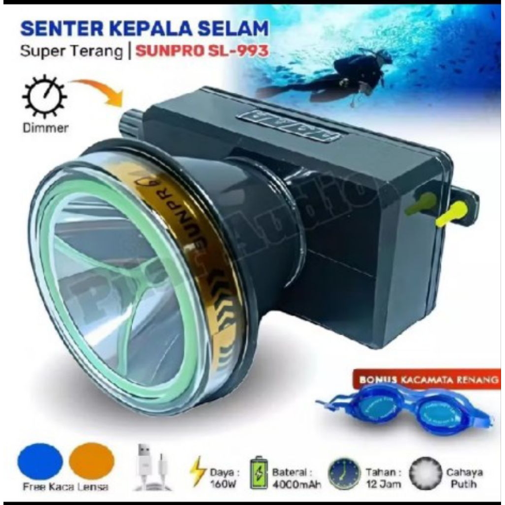 Senter Kepala Selam Diving 160W Sunpro SL-993 Cahaya Putih & Kuning Waterproof Super Terang Batre...