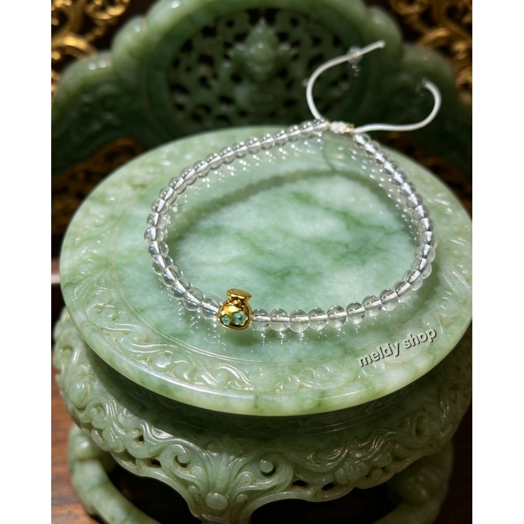 Gelang batu kristal healing clear Quartz 6mm bening kombi Charm kantong uang Emas hongkong asli