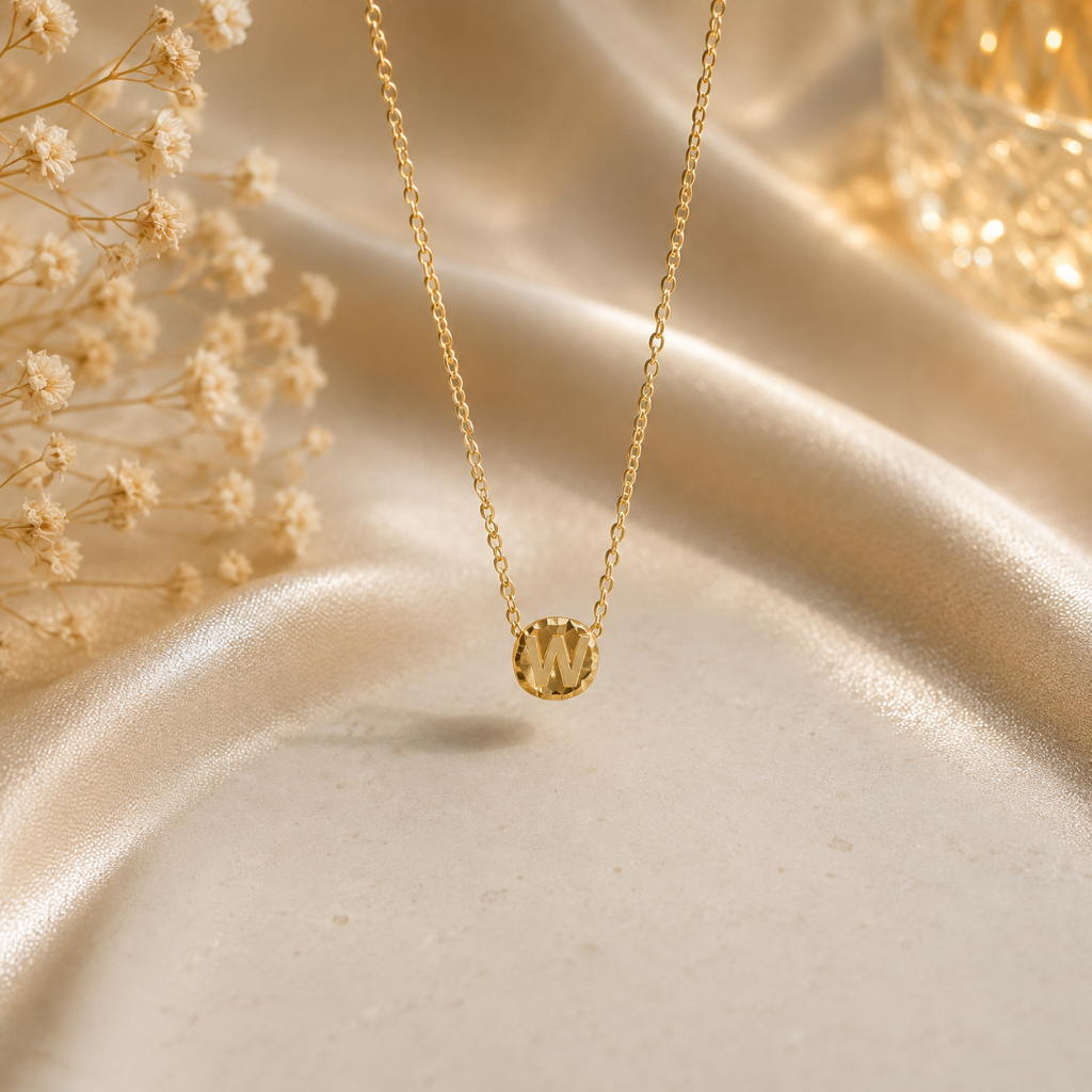 Set Kalung dan Liontin Inisial Huruf W Bulat Elegant Emas Asli
