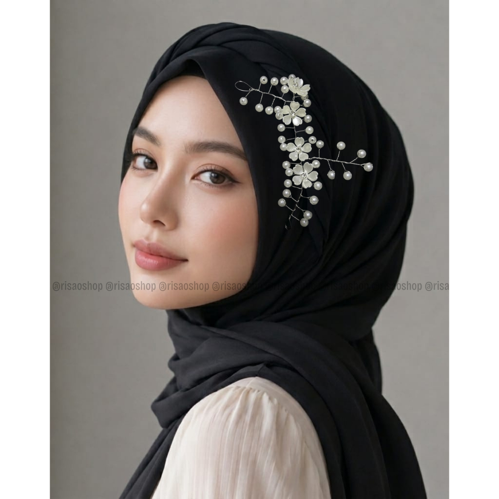 RISAOSHOP - Mahkota Headpiece Hijab Mutiara Premium / Hiasan Rambut Pesta Jilbab Pengantin untuk wis