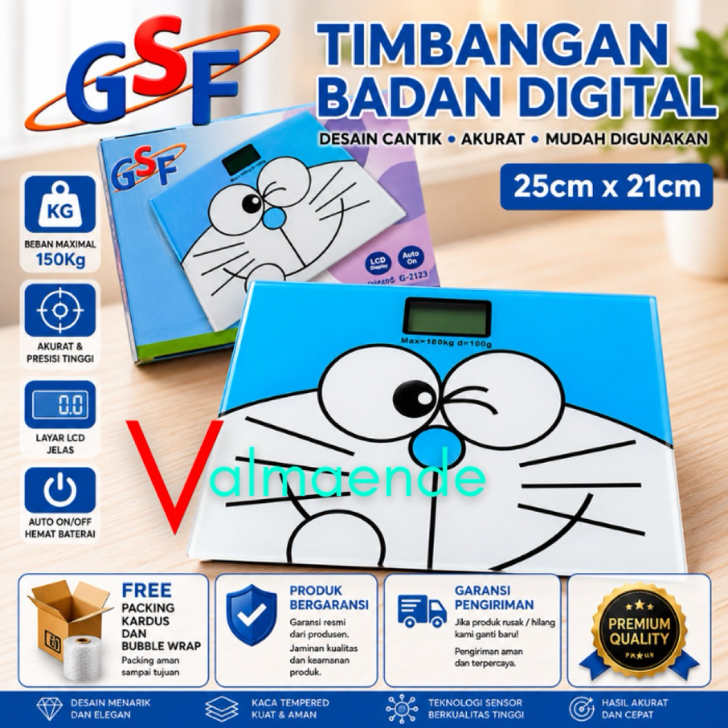 Timbangan Badan Digital 150Kg Kaca Premium Doraemon Packing Bubble Wrap GSF 2125