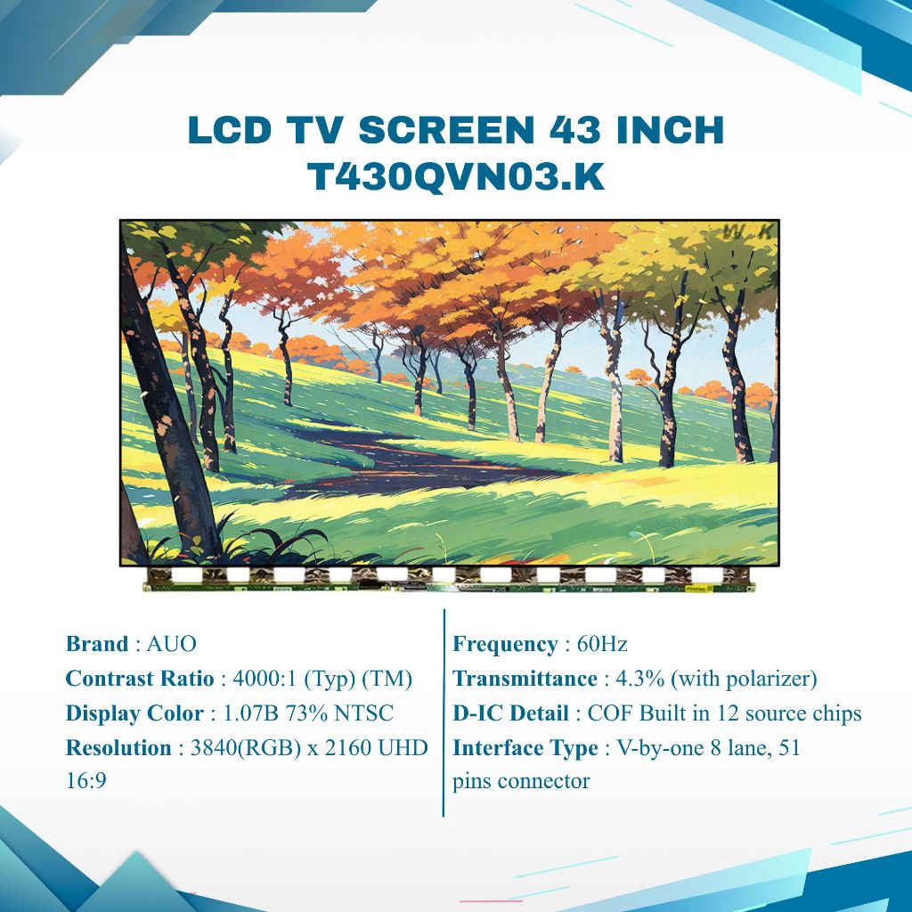 AUO LCD TV SCREEN 43 INCH ORIGINAL T430QVN03.K T430QVN03.J T430QVN03.7 T430HVN01.2 T430HVN01.3