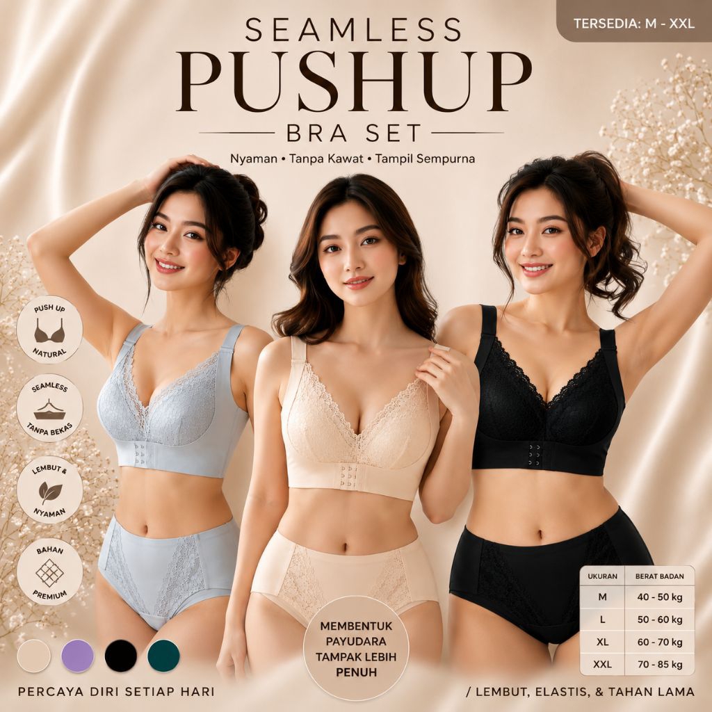 Seamless Push Up Bra Set Premium Wanita Tanpa Kawat | Nyaman, Anti Bekas & Full Support M-XXL