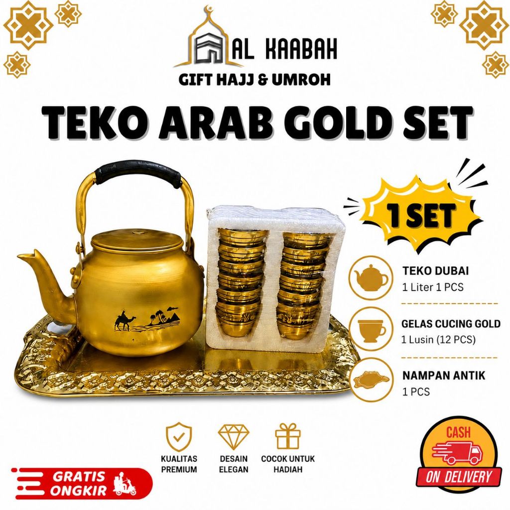 TEKO ARAB GOLD 1 SET TERDIRI DARI TEKO DUBAI 1 LITER 1 PCS NAMPAN ANTIK 1 PCS GELAS CUCING GOLD 1 LU
