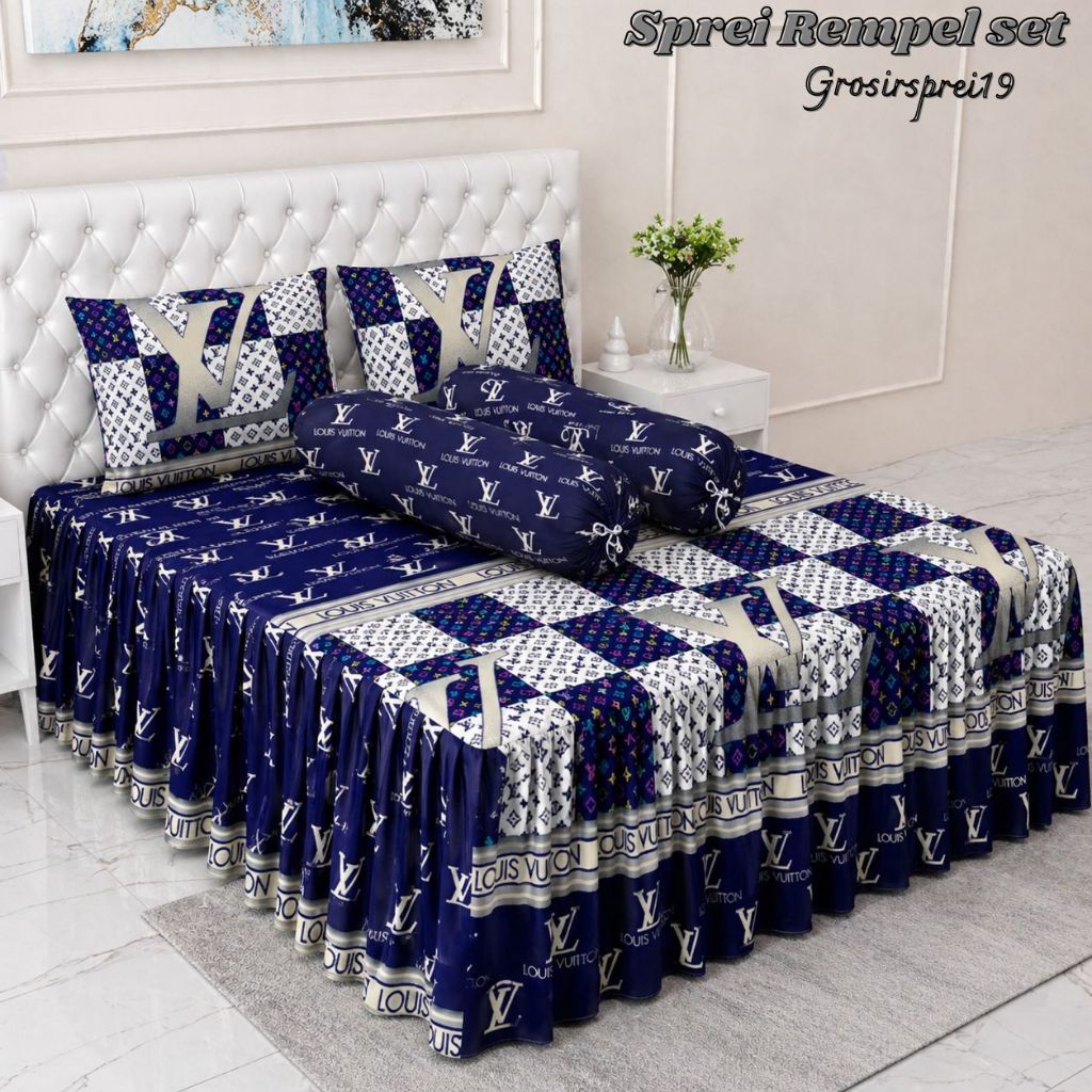 Sprei Rumbai Lv Biru King/Queen/Double/Single Bahan Katun Free 2 Sarung Bantal 2 Sarung Guling