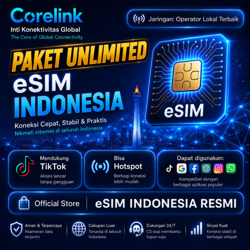 Corelink Indonesia eSIM Paket Unlimited Big Data Murah Aktif Instan Scan QR TikTok Hotspot 4G Tanpa 