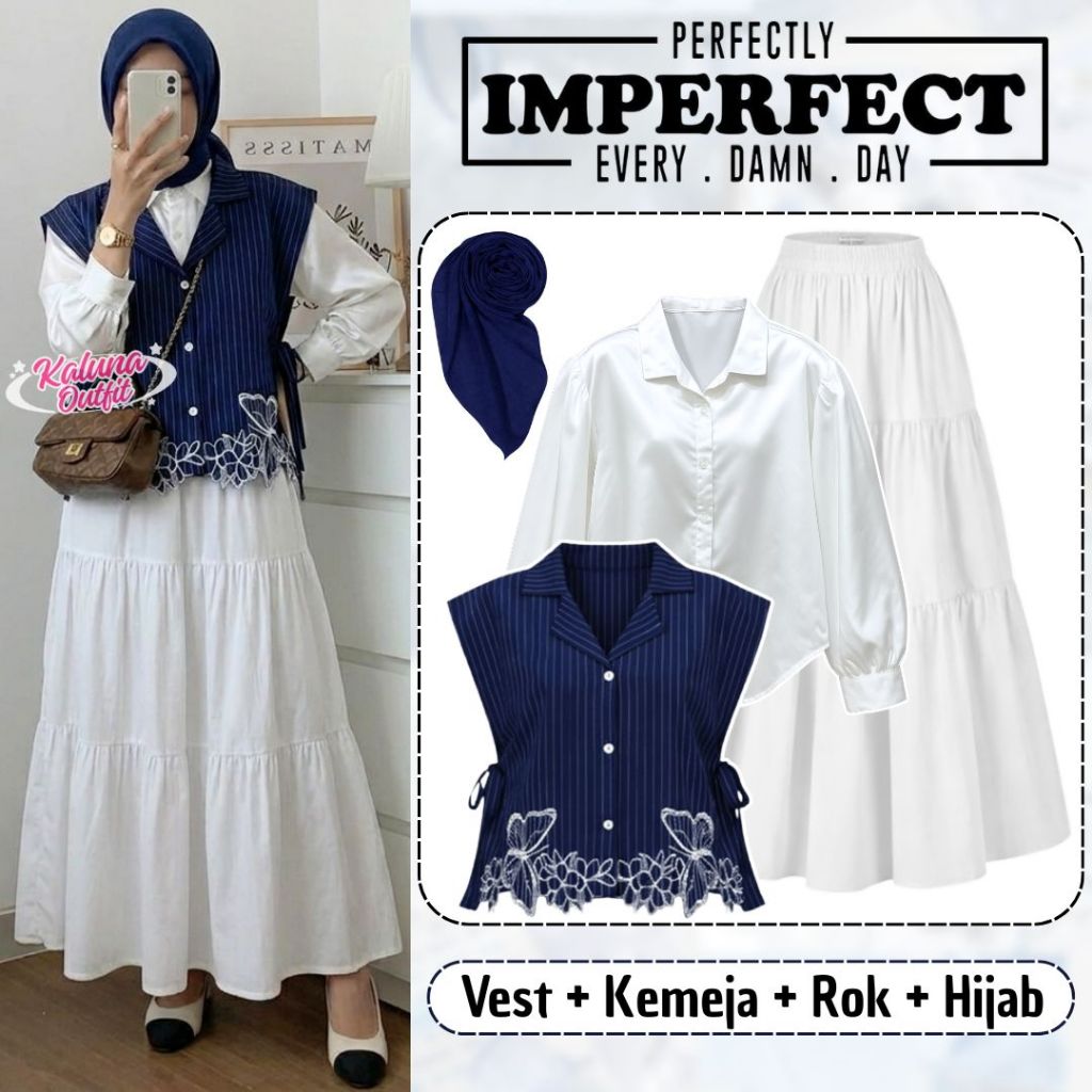 Setelan 4in1 Wanita (Vest, Kemeja, Rok, Hijab) Outfit Remaja Hangout Nongkrong Daily Set Elegan KO7B