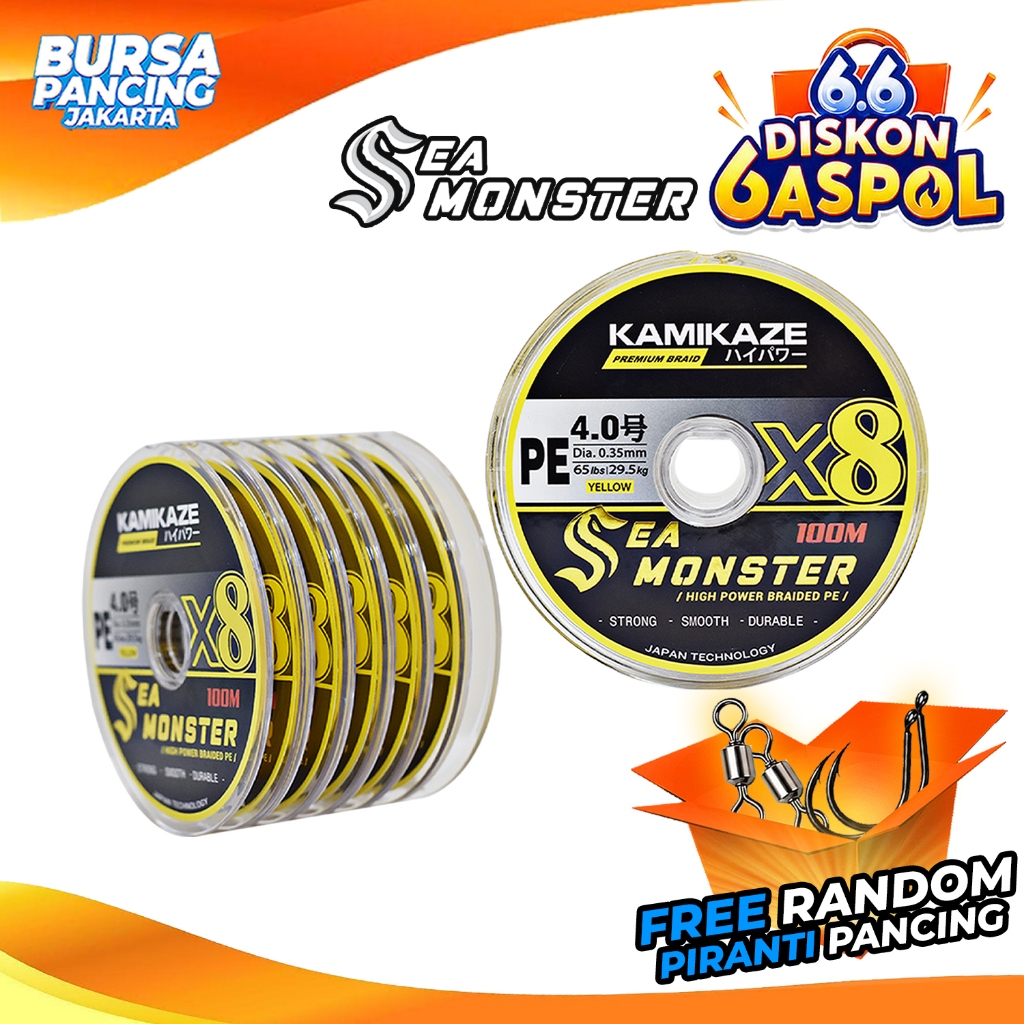 Senar PE KAMIKAZE SEA MONSTER X8 Yellow 100M Connecting Tali Pancing PE Braid 100% PE Fiber