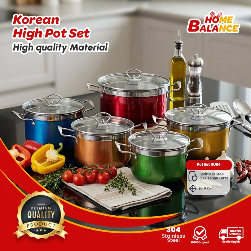 HomeBalance Set Panci Korean High Pot Stainless Steel 304 Food Grade Tutup Kaca HU04