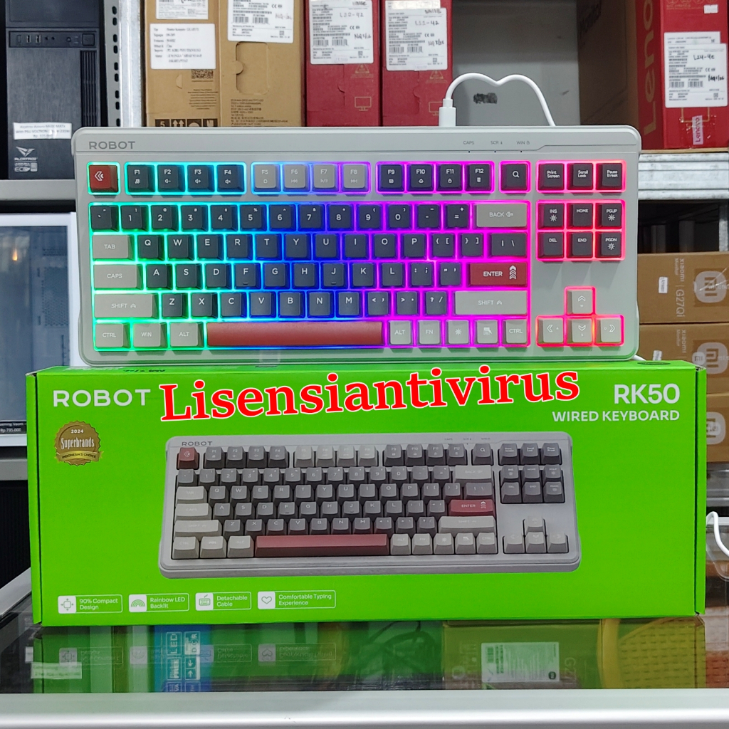 ROBOT RK50 Silent Keyboard Computer dengan Lampu Rainbow Kabel Dilepas Desain Ergonomis 89 Detachabl