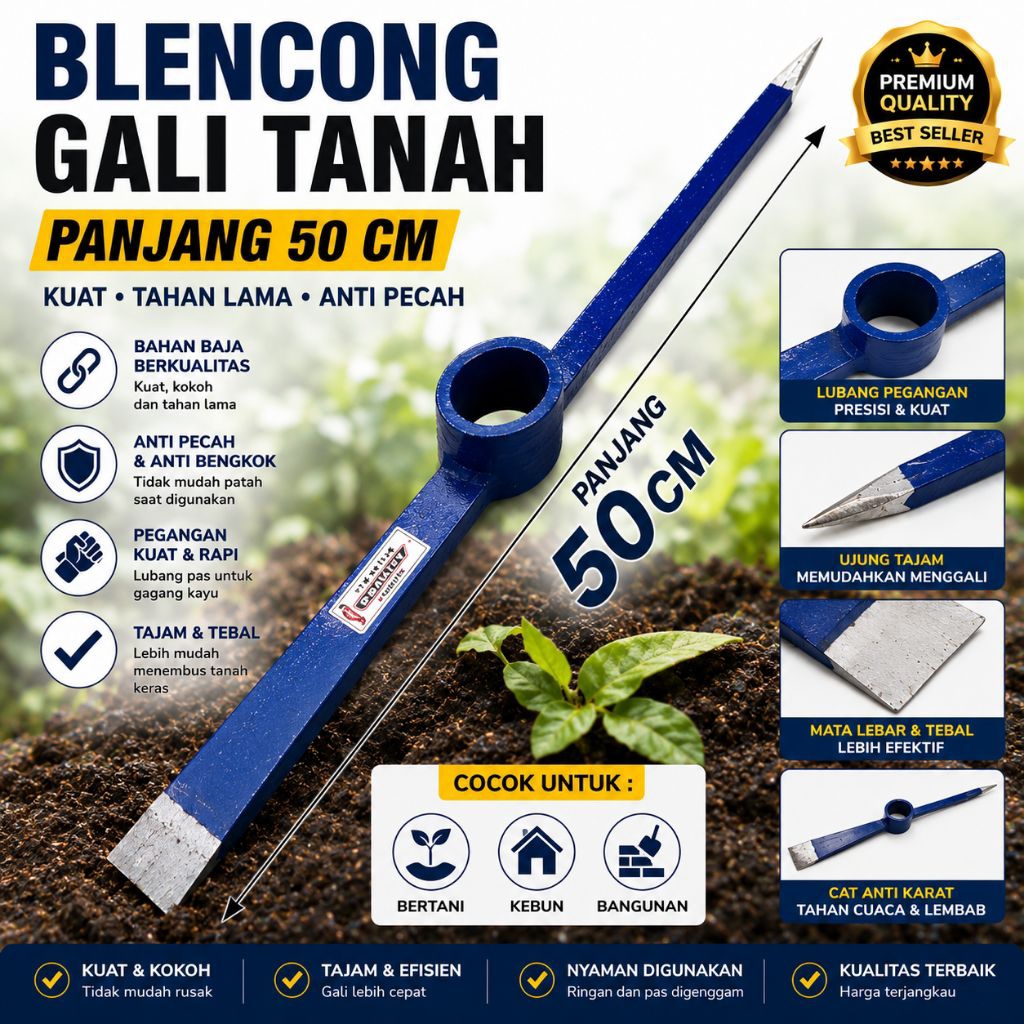 Gancu Baja Super 50cm Blencong Besar | Gancu Galian Tanah Keras Batu Akar Batu | Alat Kebun Ladang