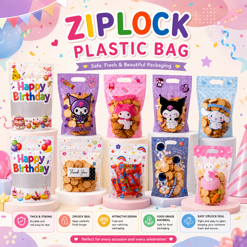 [50 Lembar] Plastik Packaging Ziplock Motif Kartun 15x22+3.5 cm Standing Pouch Snack Cookies Permen 