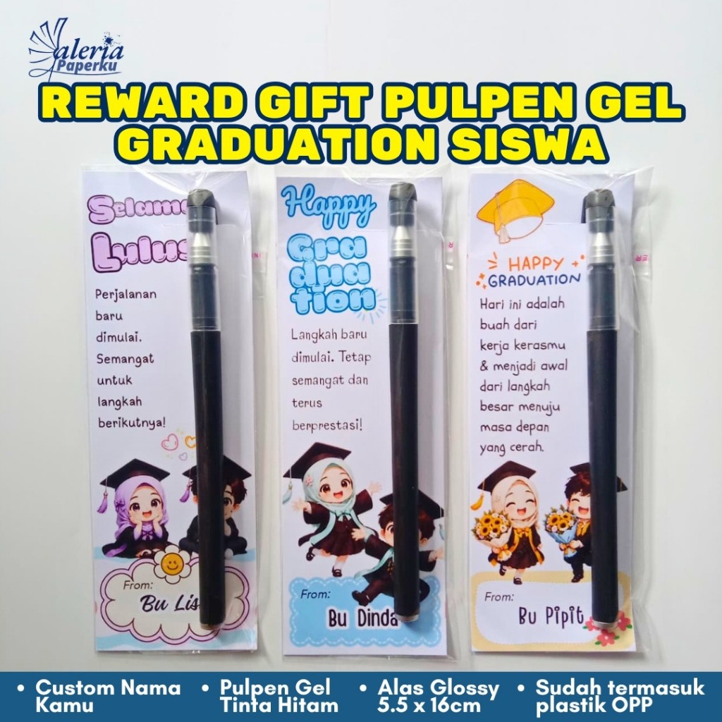 Gift Graduation Siswa Pulpen Gel | Hadiah Wisuda Sekolah | Souvenir Kelulusan SD SMP SMA + Plastik O