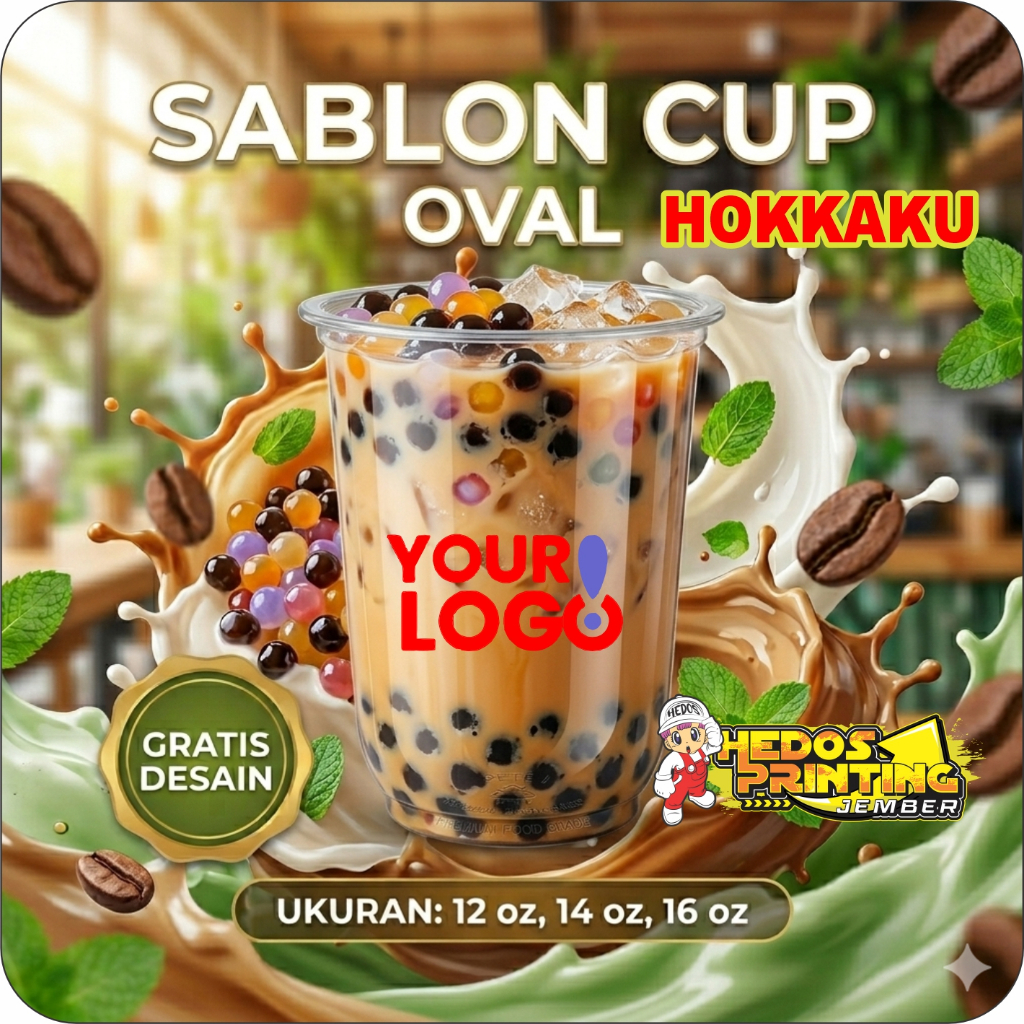 Sablon Cup Oval 12, 14, 16 oz Hokkaku Desain Kustom