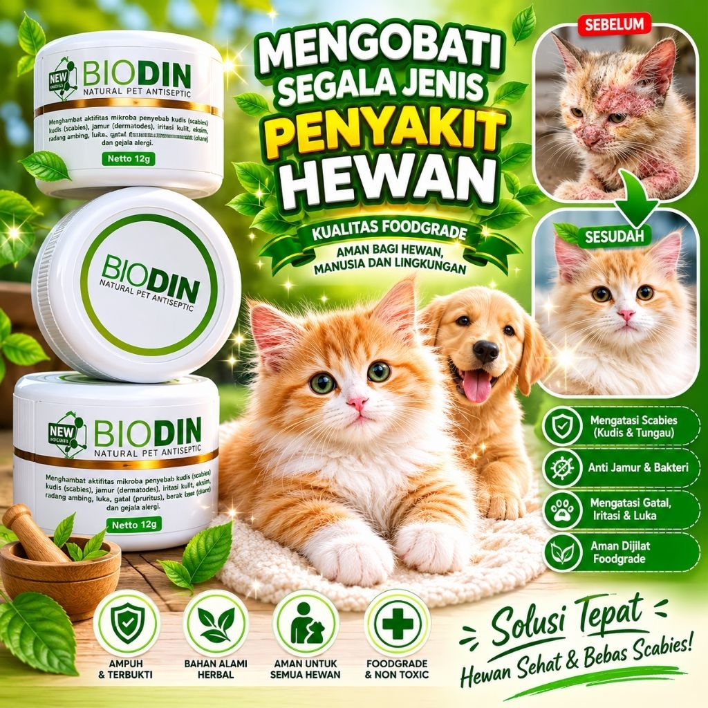 Obat Scabies/Jamur Kucing Kelinci Anjing Biodin Antiseptik Herbal Paling Ampuh Biodin Cream 12g