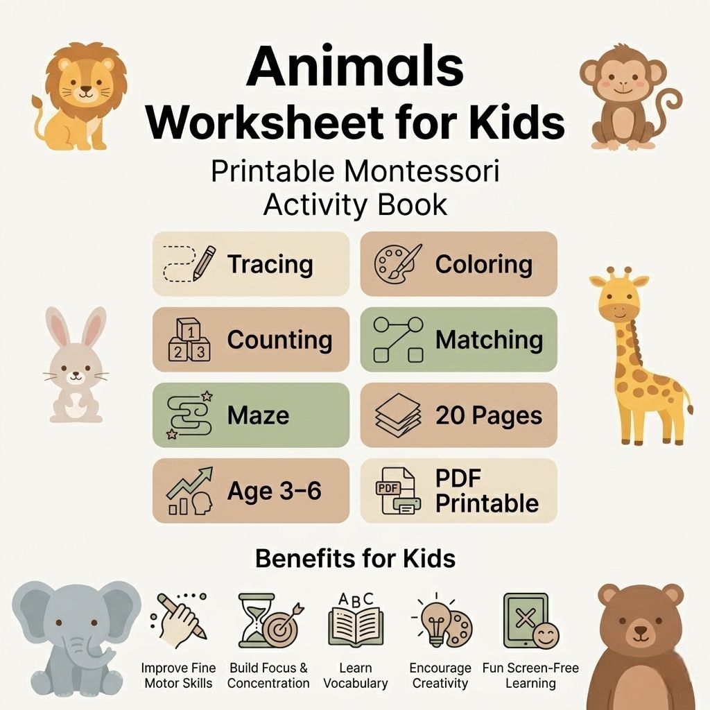Animals Worksheet for Kids PDF Printable | Preschool Montessori Activity Book Age 3-6