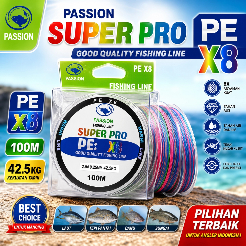 Senar Pancing PE Warna Warni 100M PE Fishing Line Strength 5.5kg-18kg