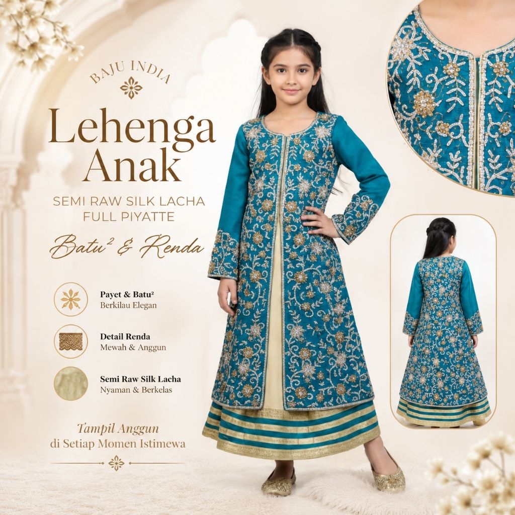 Lengha  Anak semi raw silk Lacha Full Piyatte  Batu2 &Renda/BAJU INDIA