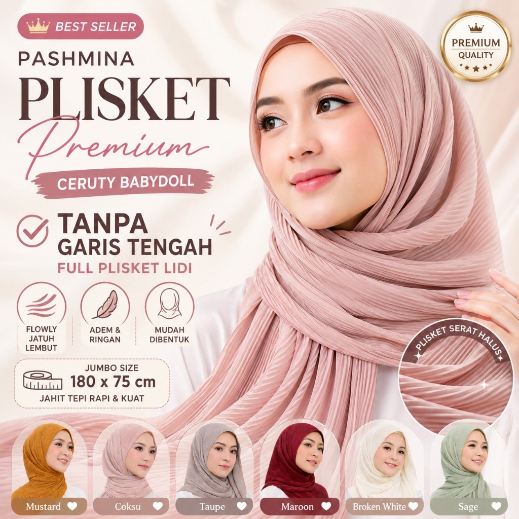 Pashmina Plisket Ceruty Babydoll Premium Full Plisket Lidi Tanpa Garis Tengah Pleated Shawl 180x75 J