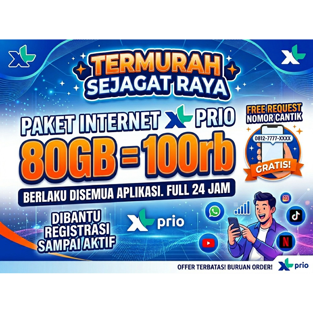 PAKET DATA XL MURAH 80GB 100RB XL PRIORITAS BISA REQUEST NOMOR CANTIK