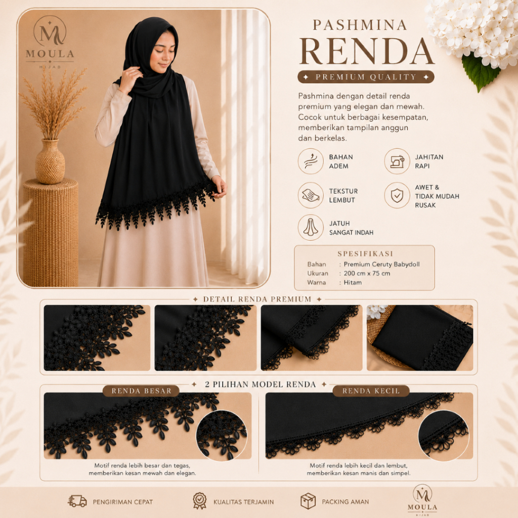 PASHMINA ARABIAN HITAM RENDA PREMIUM SIZE JUMBO SYARI 200CMX75CM / PASMINA ARAB