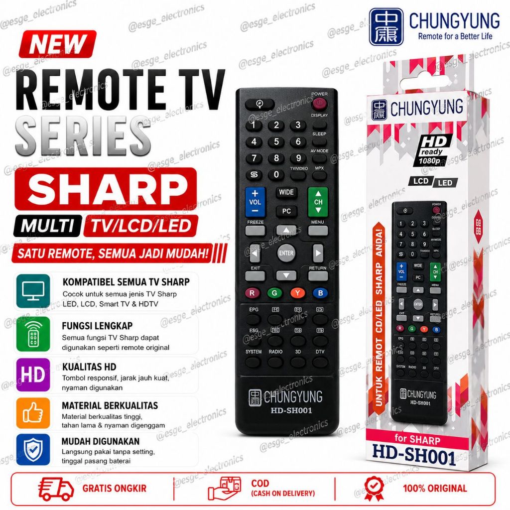 ORIGINAL REMOTE TV LED SHARP REMOTE TV LCD SHARP CHUNGHYUNG HD-SH001 REMOTE UNIVERSAL TV SHARP