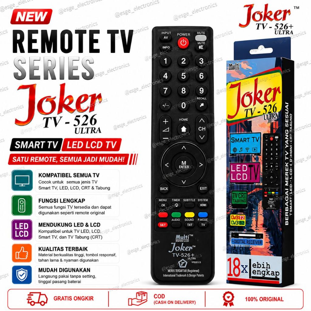 ORIGINAL REMOTE TV JOKER TV-526 ULTRA BISA UNTUK SMART TV LED TV LCD TV TABUNG DIGITAL RECEIVER
