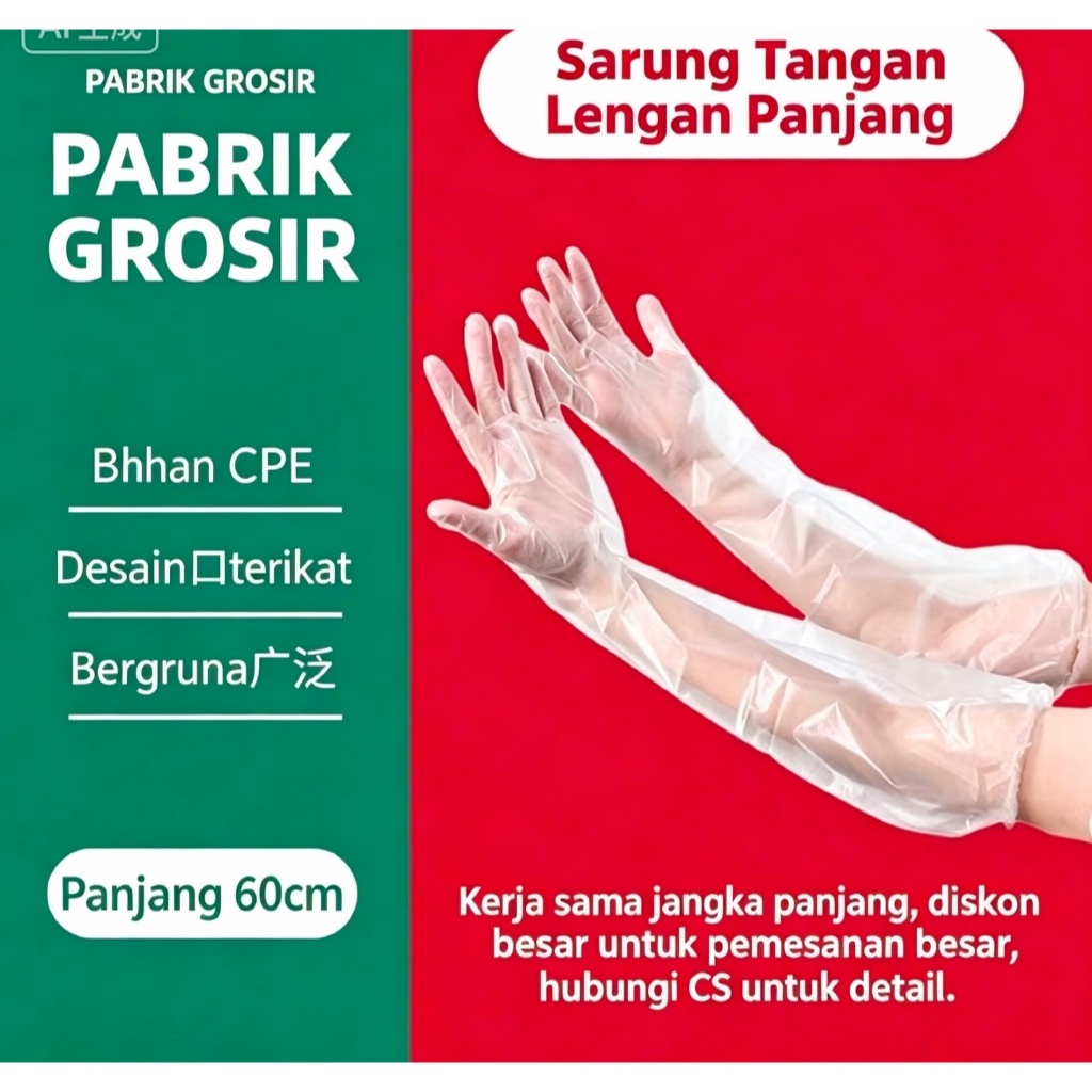 10 Pcs Sarung Tangan Plastik Panjang 60cm - Tahan Air, Tahan Minyak, Makanan Aman