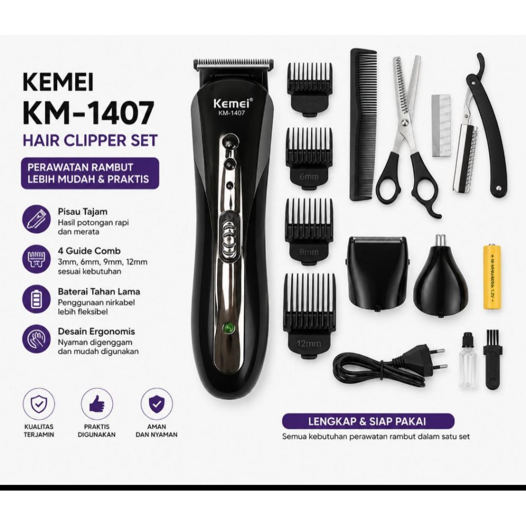 Alat cukur Kemei Km 1407 sistem cukur 3 in 1 dengan pisau tajam dan pencukuran cepat