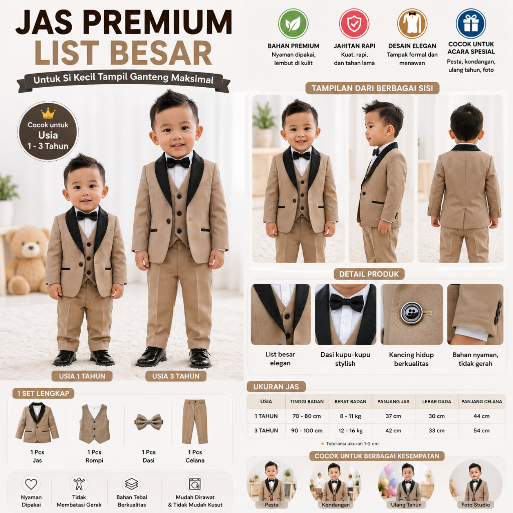 Setelan Jas Anak Laki Laki Premium COKLAT 8in1 Usia 1 2 3 4 Tahun Kerah Batik - Setelan Tuxedo LENGK