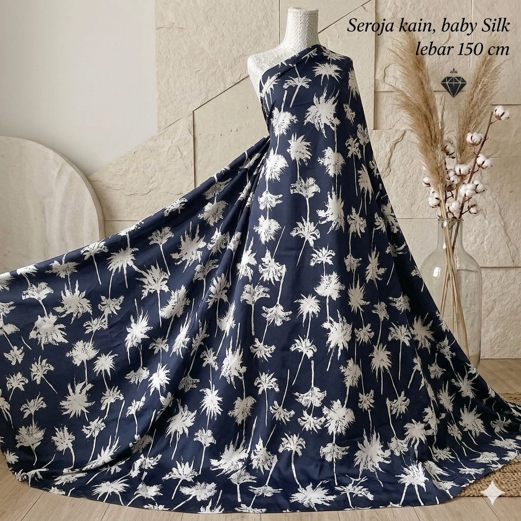 Kain Satin Silk Motif Bunga Salju Monokrom - Lebar Kain 150cm Kyt