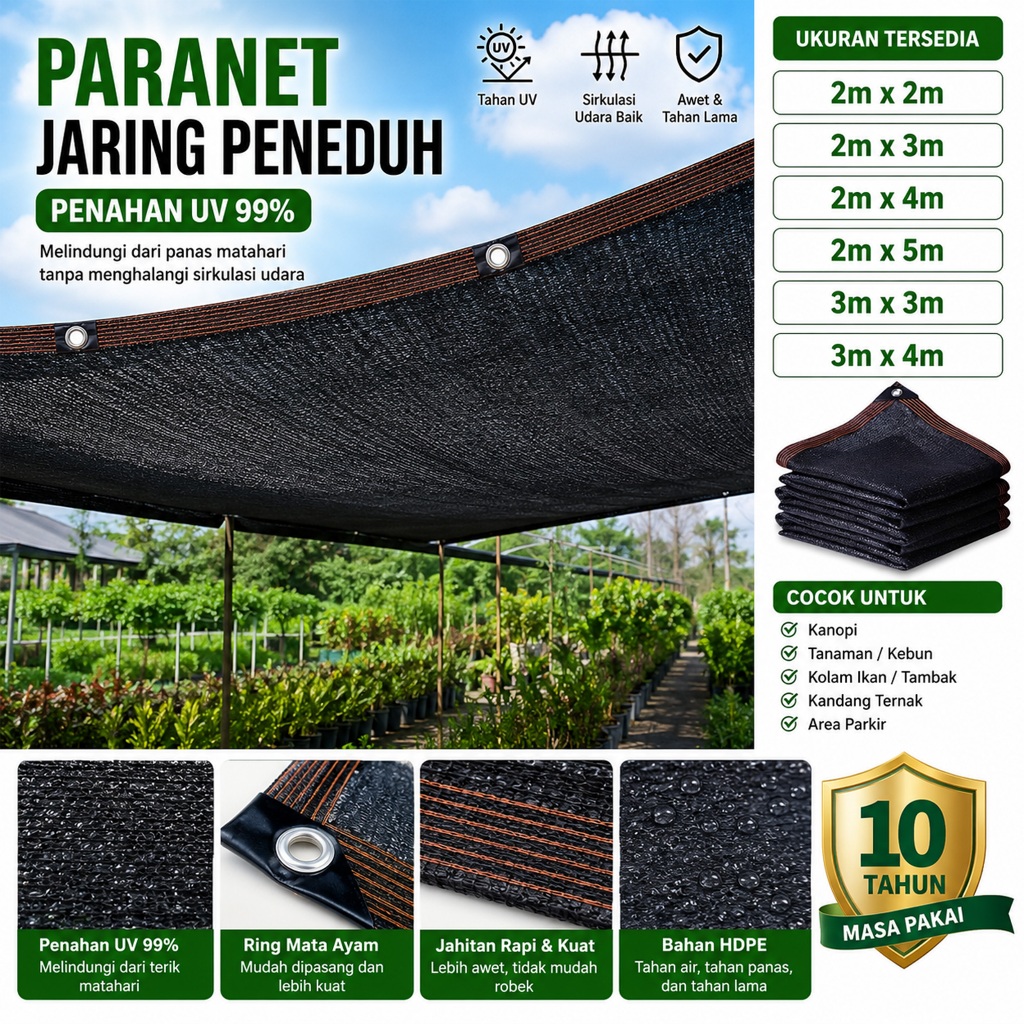 Paranet 99% Anti UV Hitam  Jaring Peneduh Tanaman  Greenhouse Shade Net Tabir Surya untuk Teras & Ke