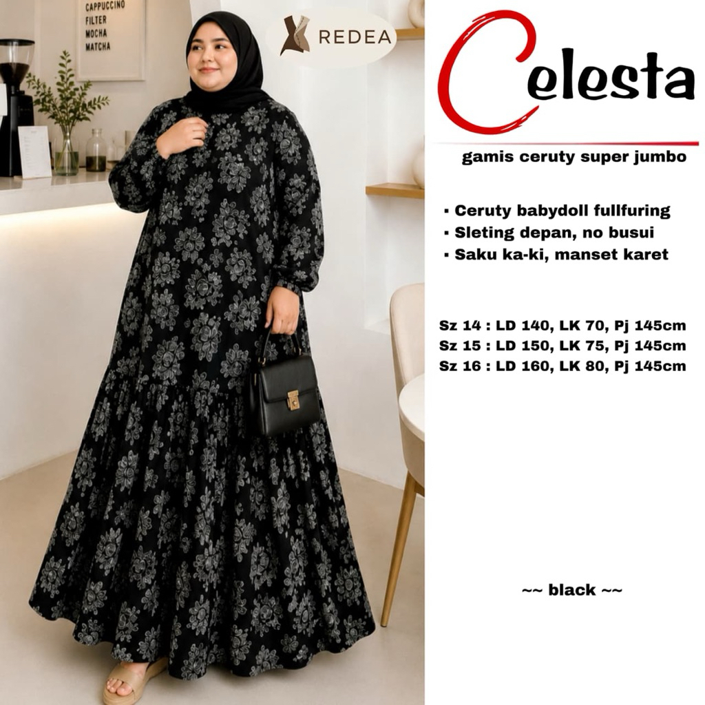 Gamis Wanita Celesta Jumbo Maxy Dress Bahan Ceruty Babydoll Full Furing Motif Bunga LD140 150 160