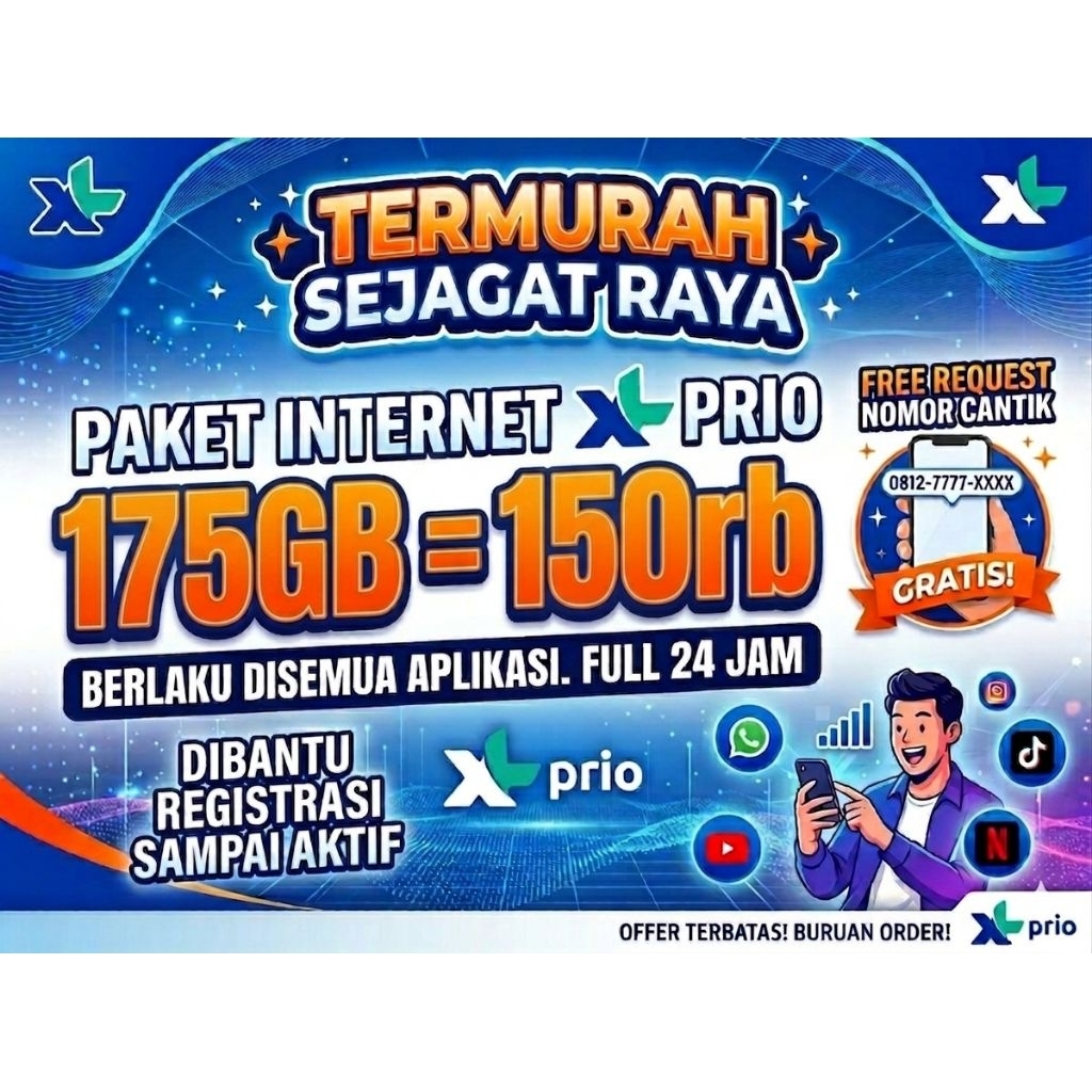 PAKET DATA XL MURAH 175GB 150RB XL PRIORITAS FREE NOMOR CANTIK