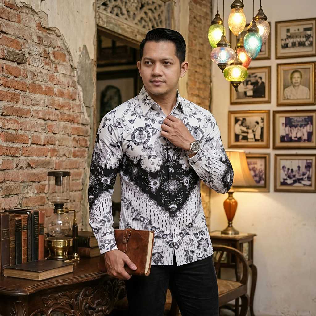 Baju Seragam PGRI Pria MOTIF GUNUNG JATI Lengan Panjang dengan Furing Adem KANCING DALAM