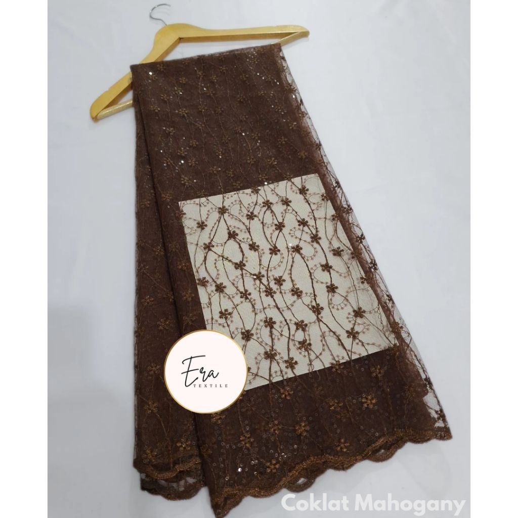 Kain Brokat Tile Spangle Premium Elegant (Tile Starry) Warna Coklat Mahogany - Kain Brokat Brukat Me