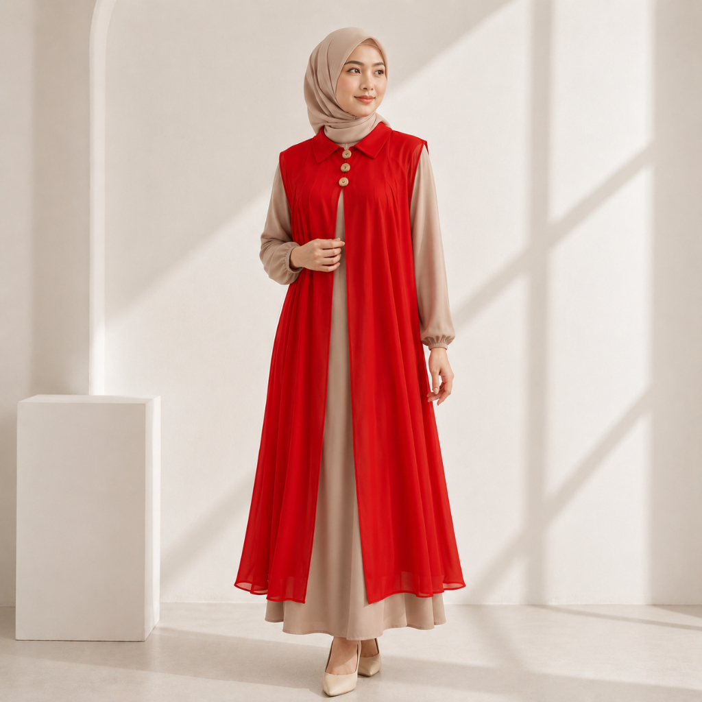 HGM Outer Kardigan Merah Cabe Tanpa Lengan Kancing Batok Bahan Ceruty Babydoll Premium