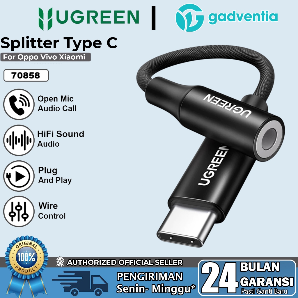 UGREEN Converter Splitter Type C To Jack 3.5mm For Oppo Mi Realme Vivo Audio Call Open Mic Game