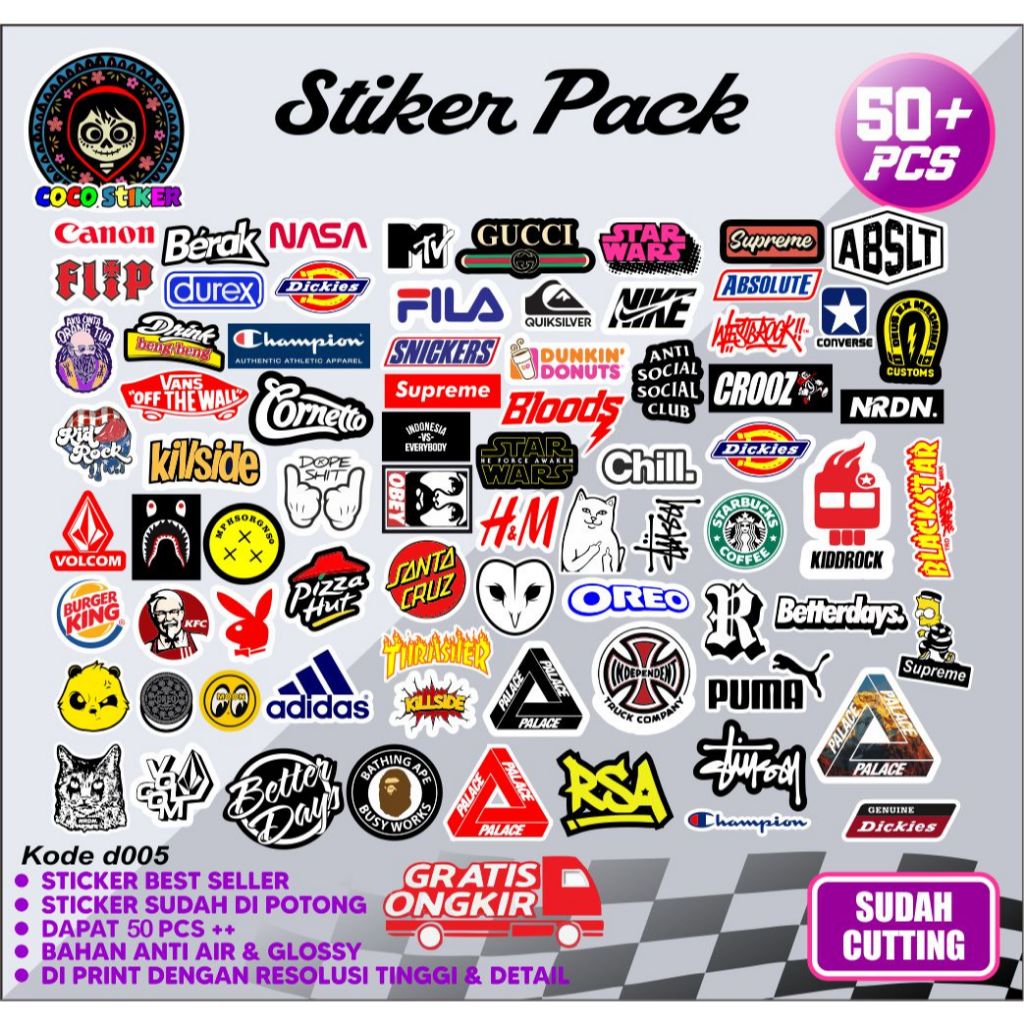 50pcs Stiker Pack Brand Distro Keren Bahan Vynil Sudah Cutting Anti Air